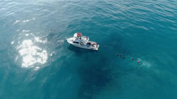 Buceadores Fuera Del Barco Océano Vista Aérea Buceo Profundo — Vídeos de Stock