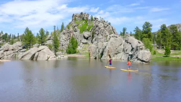 Κλείστε Εναέρια Drone View Paddleboarders Στο Πάρκο Custer State — Αρχείο Βίντεο