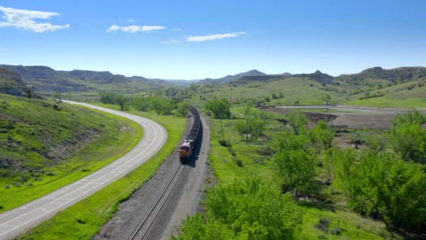 Avión Tripulado Aéreo Sobre Tren Mientras Pasa Por Paisaje Del — Vídeos de Stock