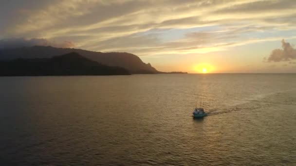 Vista Aerea Barca Nella Baia Hanalei Tramonto Kauai Hawaii — Video Stock