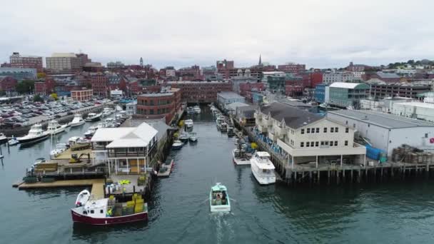 Barche Arrivo Città Porto Portland Maine Drone Aereo — Video Stock