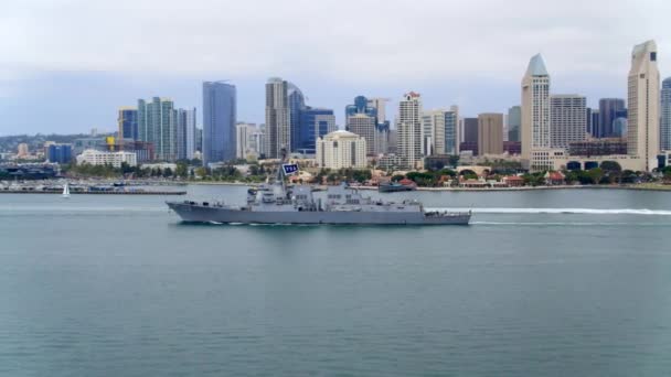 Military Ship Front Downtown San Diego — Stock Video
