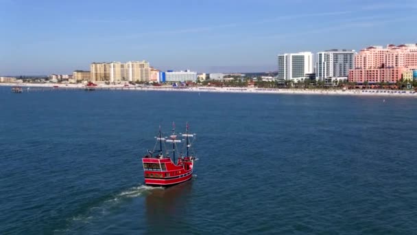 Kalózhajó Sétahajózás Tampa Óceán Partján Strand Florida Légi Drón — Stock videók