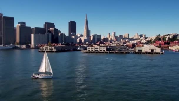 Segelboot Überquert Wasser Bei San Francisco Skyline — Stockvideo