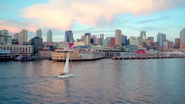Sailboat Crosses Water Seattle Skyline Aerial Drone — Stock Video