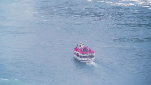 Tour Boat Going Niagara Falls Aerial Drone — Stock Video