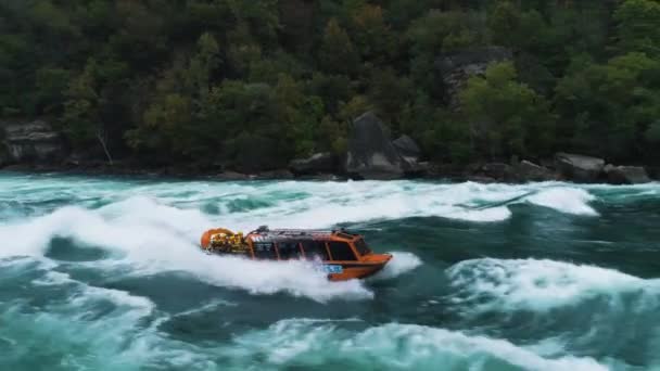 Tour Boat Rough Niagara Falls Waters Aerial Drone — Stock Video