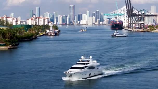 乘无人驾驶飞机离开迈阿密码头的游艇 — 图库视频影像