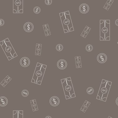 Koyu gri arkaplan, beyaz banknotlar ve bozuk paralar düşüyor.