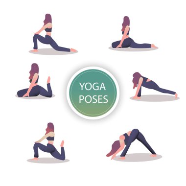 Kız beyaz arka planda çeşitli yoga pozları veriyor.