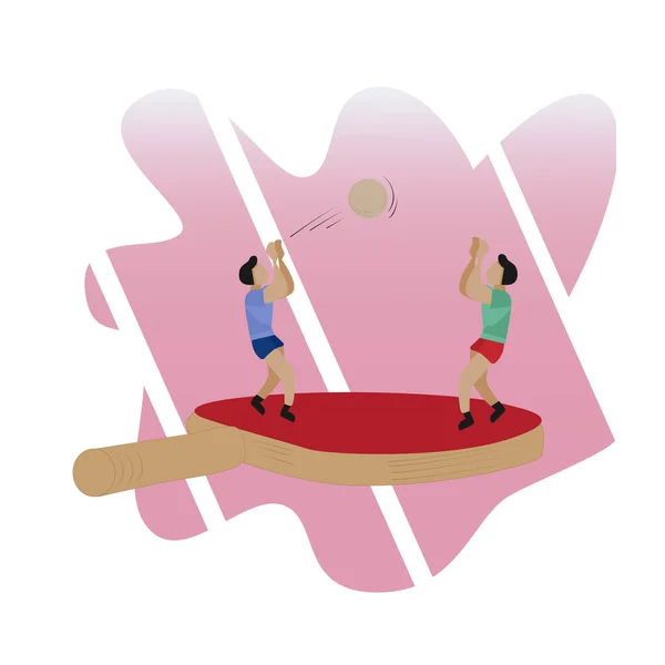 İki adam raketle masa tenisi oynuyor. Vektör illüstrasyonu