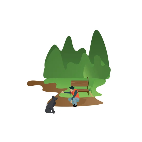 Parkta köpeği olan beyaz bir adam.