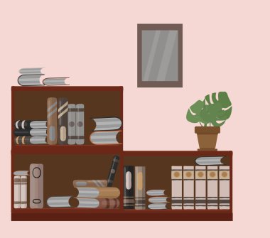 Kitaplıklı bir oda. Düz biçim 2 'de vektör illüstrasyonu.