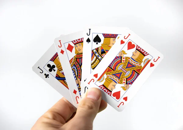 Mano Possesso Una Carta Vincente Poker Uno Sfondo Bianco — Foto Stock