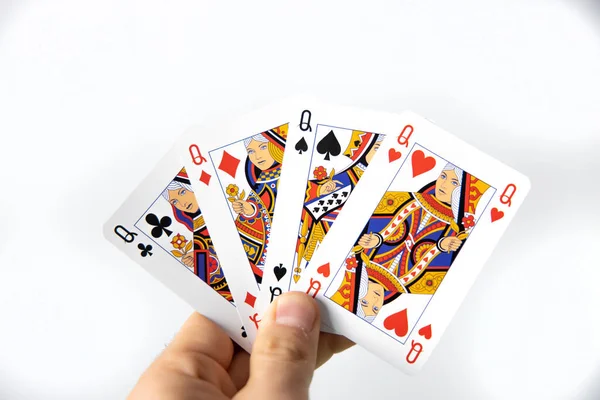 Mão Segurando Vencedor Cartas Poker Sobre Fundo Branco — Fotografia de Stock