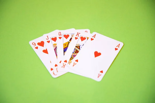 Cartões Poker Vencedores Sobre Fundo Verde — Fotografia de Stock