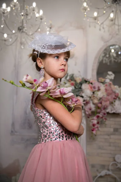 Menina Senhora Vestido Rosa Chapéu Senta Entre Flores Mágicas — Fotografia de Stock