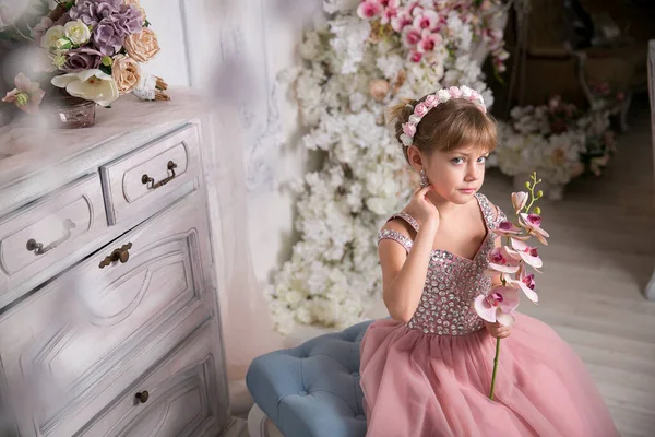 Menina Senhora Vestido Rosa Chapéu Senta Entre Flores Mágicas — Fotografia de Stock