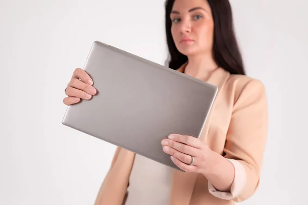 Successful Business Woman Grey Background Copy Space Laptop Mock Blank — Stock Photo, Image