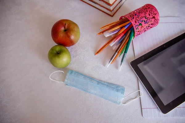 distance learning. school. mask. coronavirus. quarantine. textbooks