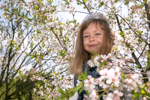 Flicka Lilla Barn Vår Blomma Blomma Njut Doften Mild Blomning — Stockfoto