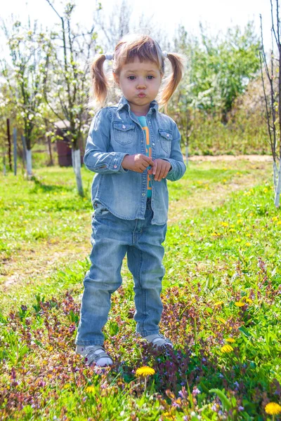 Kleines Süßes Mädchen Sommer Grünen Garten — Stockfoto