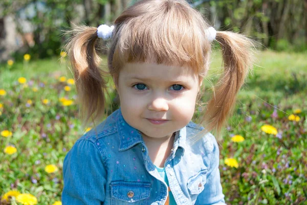 Pequena Menina Bonito Verão Jardim Verde — Fotografia de Stock