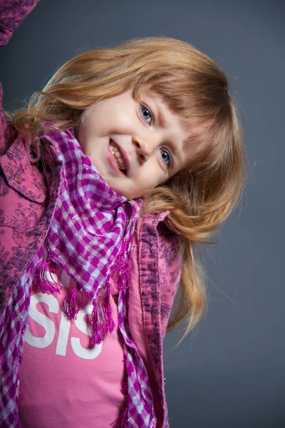 Portrait Charming Brunette Little Girl Isolated Gray Background — Stock Photo, Image