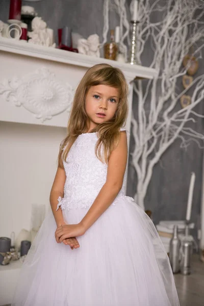 Portrait Mignonne Petite Fille Souriante Robe Princesse Dans Bel Intérieur — Photo