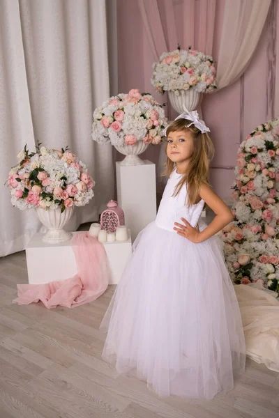 Retrato Linda Niña Sonriente Vestido Princesa Hermoso Interior Mágico — Foto de Stock