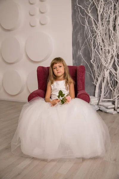 Retrato Linda Niña Sonriente Vestido Princesa Hermoso Interior Mágico — Foto de Stock