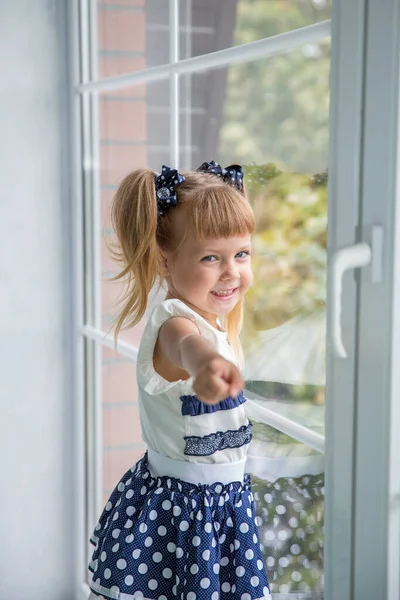 Little Sweet Girl Window Happy Childhood — Stock Photo, Image