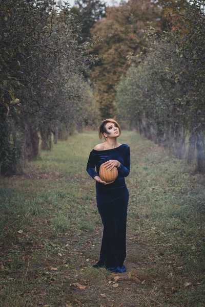 Girl in dress holding a pumpkin — Stock Photo, Image