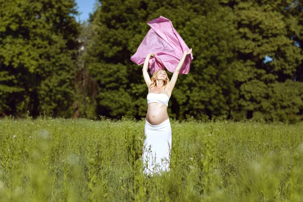 Bella donna incinta nell'erba . — Foto Stock