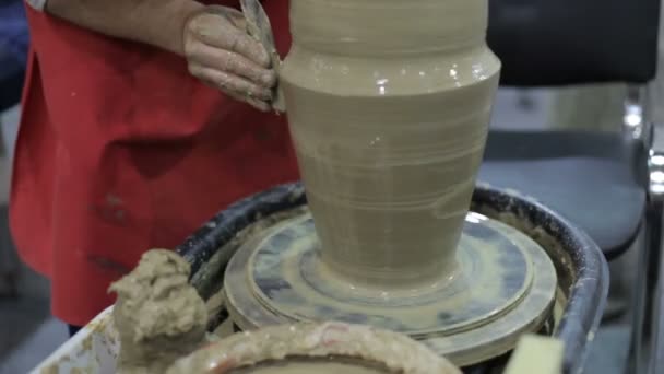 Potter Makes Jug Out Clay Potter Wheel — Stock Video