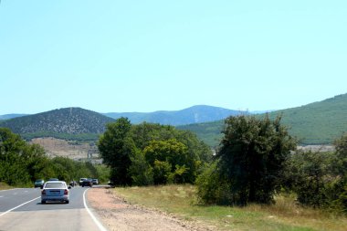 Yol tepeden aşağıya ağaçların arasındaki dağlara doğru iniyor..