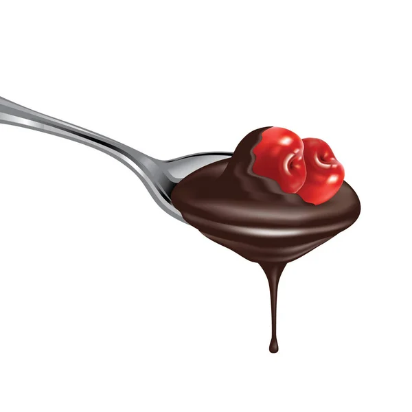 Spoon of dark chocolate with cherries — Stock Vector