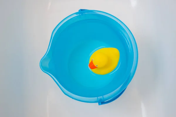 蓝色水桶里的黄橡胶鸭 — 图库照片