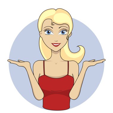 Smiling girl showing open hands palms with space for product or text. Vector girl portrait. Young woman dressed in red top. Red lips. Smile vector Smiling girl showing open hands palms with space for product or text. Vector girl portrait. Young woman dressed in red top. Red lips. Smile vector