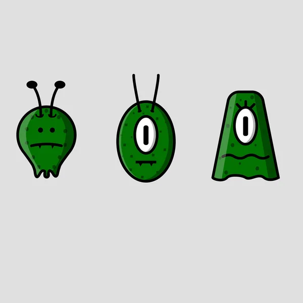 Ilustração Vetorial Personagem Desenho Animado Bonito Três Monstros Verdes —  Vetores de Stock