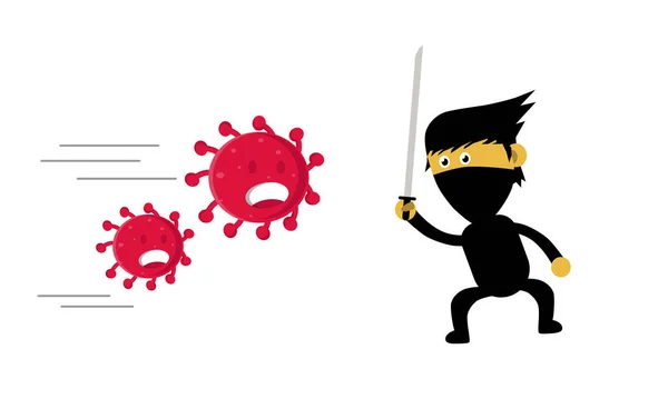 Ilustración Vectorial Personaje Dibujos Animados Ninja Luchando Contra Virus Peligroso — Archivo Imágenes Vectoriales