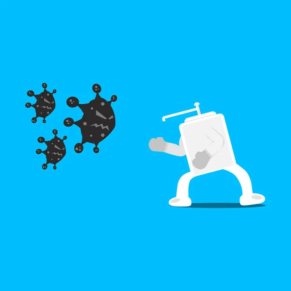 Vector Illustration Liquid Soap Character Fighting Virus Eradicating Extinction — Stock Vector