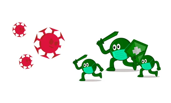 Illustration Vectorielle Personnage Vert Rond Attaquant Virus Avec Une Épée — Image vectorielle