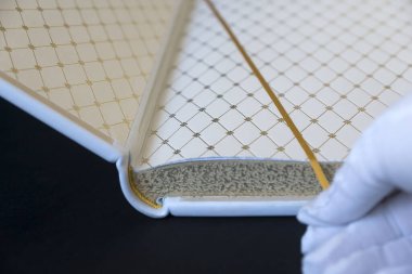 Fransız ciltleyici, el yapımı kitaplar, altın damgalı hakiki deri çanta..