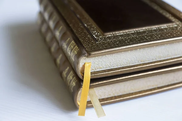 Rilegatura francese, libri fatti a mano, cassa in vera pelle con timbro in oro . — Foto Stock