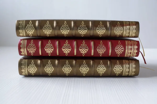 French binding, handmade books, genuine leather case with gold stamping. — Stock Photo, Image