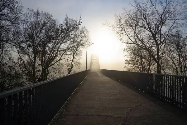Pont Suspendu Disparaît Dans Brouillard Focus Sur Milieu Pont — Photo