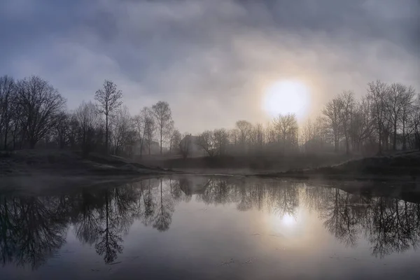 Frühmorgens Nebellichter Gras Und Bäume Raureif Und Ein Haus See — Stockfoto