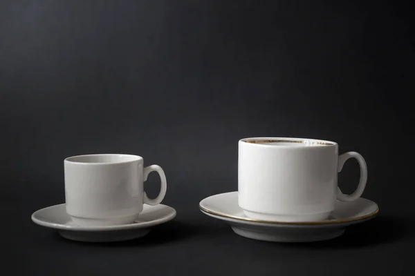 Different White Cups Coffee Black Background — Stock Photo, Image