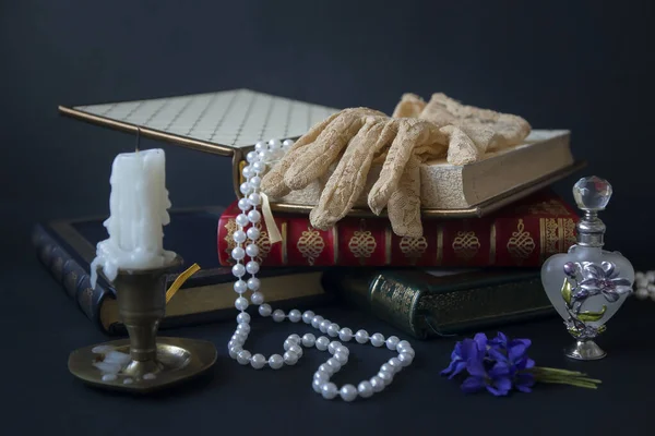 French binding, handmade books, case with genuine leather embossed in gold and vintage accessories.